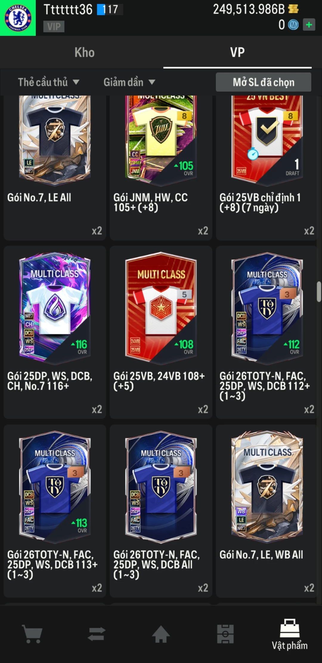 Ảnh ACC mở thẻ (LOẠI SVIP PROMAX) bao gồm có 02 thẻ +12, 04 thẻ PRIME (QH+, CP+, XS+, HĐ+) và hơn 1600+ thẻ cầu thủ từ Siêu sao đến Miền núi các loại. Acc có sẵn BP trắng từ 230.000 tỷ BP đến 250.000 tỷ BP kèm theo nhiều ngày SVIP